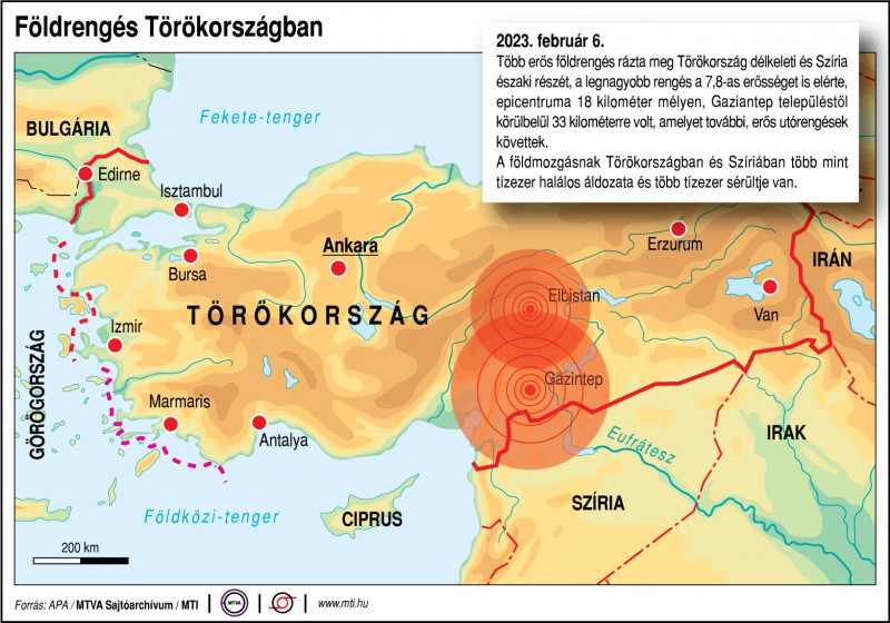 2023. február 6. Több erős földrengés rázta meg Törökország délkeleti és Szíria északi részét, a legnagyobb rengés a 7,8-as erősséget is elérte, epicentruma 18 kilométer mélyen, Gaziantep településtől körülbelül 33 kilométerre 